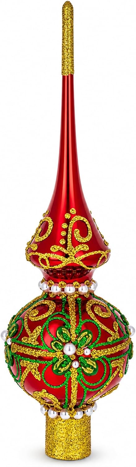 Red Glass Christmas Tree Topper with Green and Gold Glitter, 11 Inches