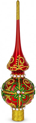 Red Glass Christmas Tree Topper with Green and Gold Glitter, 11 Inches