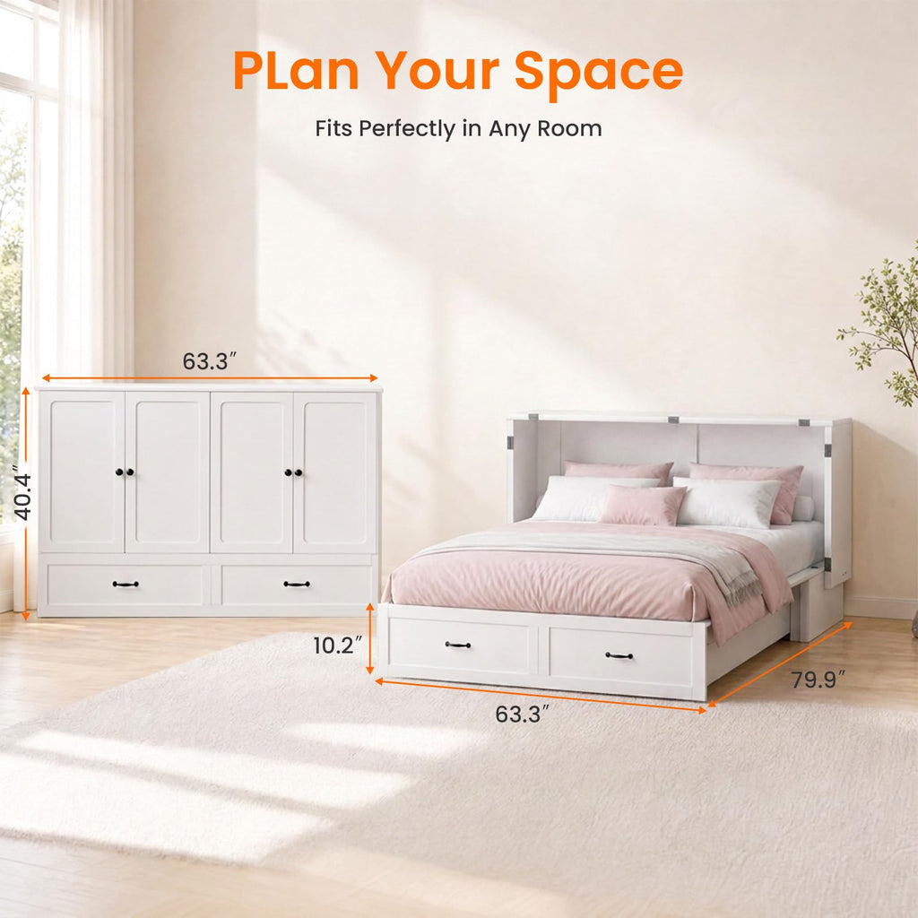 Murphy Bed Queen with Mattress, Storage & Charging Station-White