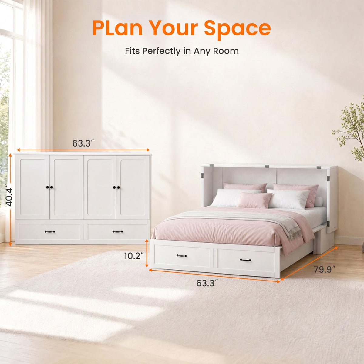 Murphy Bed Queen with Mattress, Storage & Charging Station-White