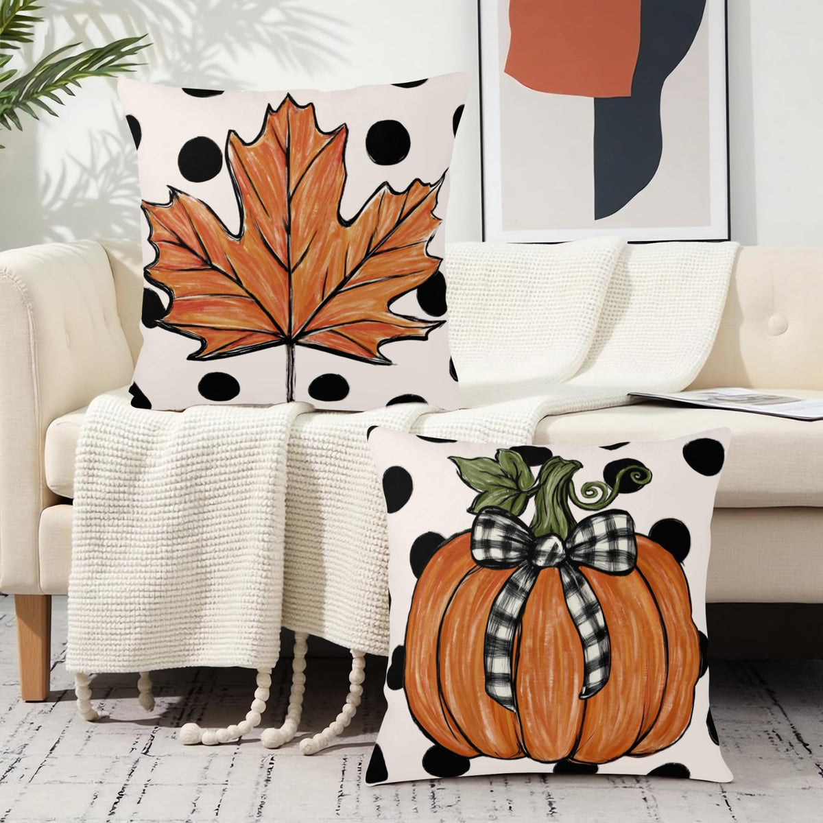 Fall Pillow Covers 24x24 Set of 2 Pumpkin Maple Leaf Polka Dots Outdoo Throw Pillow Cases Autumn Thanksgiving Holiday