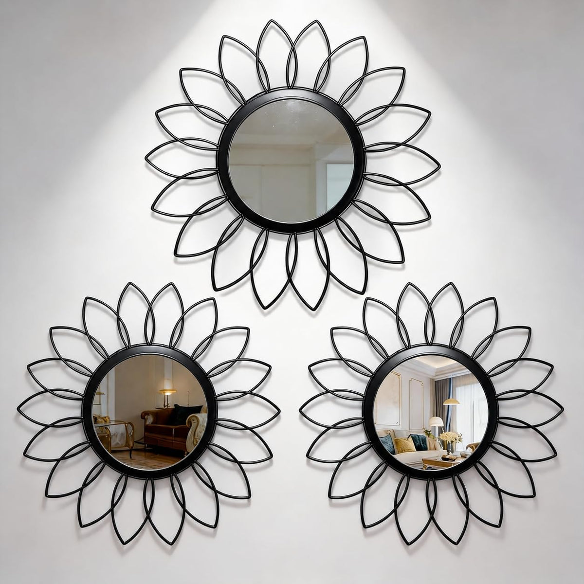 Black Flower Mirror Set of 3, 3PCS Metal Round Decorative Wall Mirrors, Floral Petal Accent Mirror Wall Decor