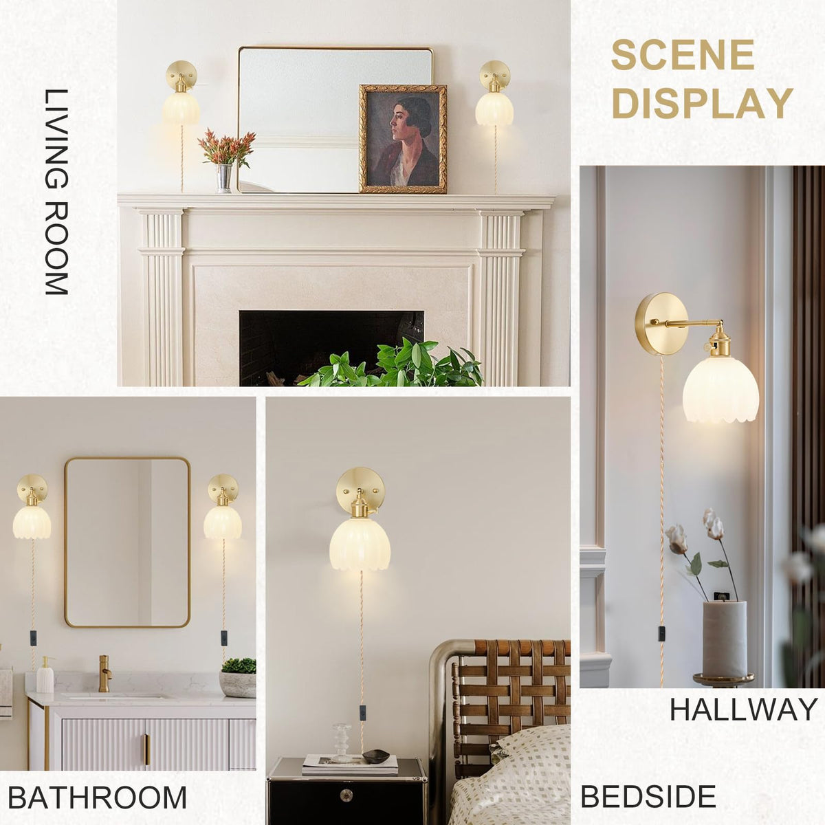 Plug in Wall Sconces Set of 2, Vintage Wall Sconce Light with Tulip Milk White Glass Lampshade, Bedroom Wall Sconce