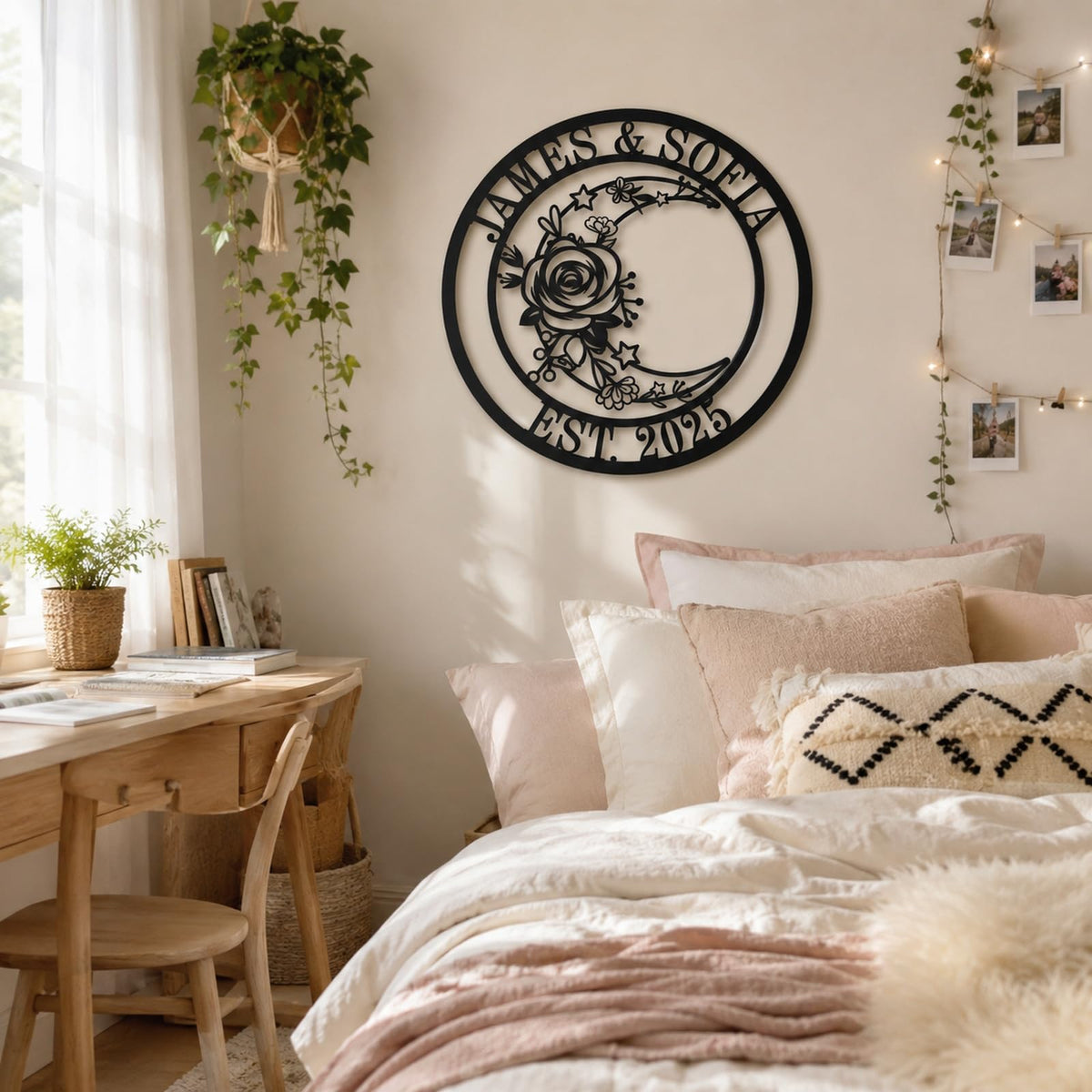 Moon Metal Floral Wall Decor, Black Boho Crescent Flower Sculpture with Star Phase Design