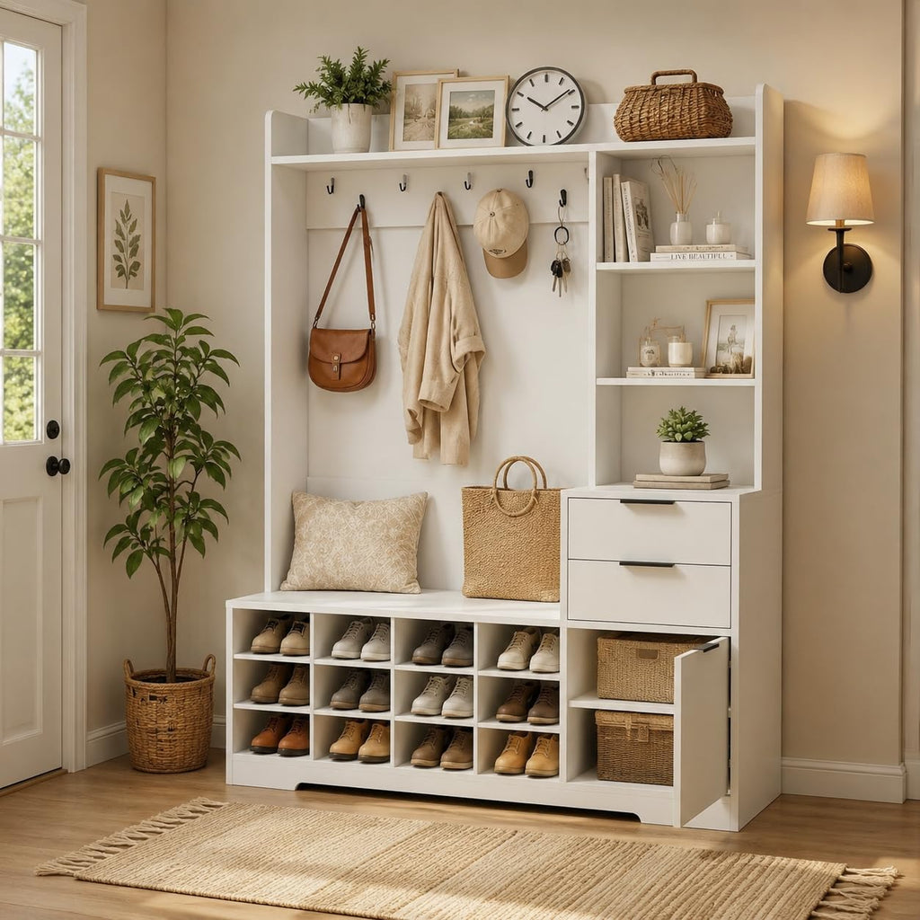 5-1 Hall Tree with Bench & Shoe Cubby, Farmhouse Entryway Mudroom Coat Rack