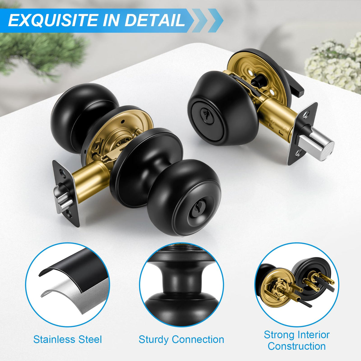 2 Pack Front Door Lock Set Matte Black, Exterior Door Lock Set with Deadbolt, Single Cylinder Deadbolt Lock and Door
