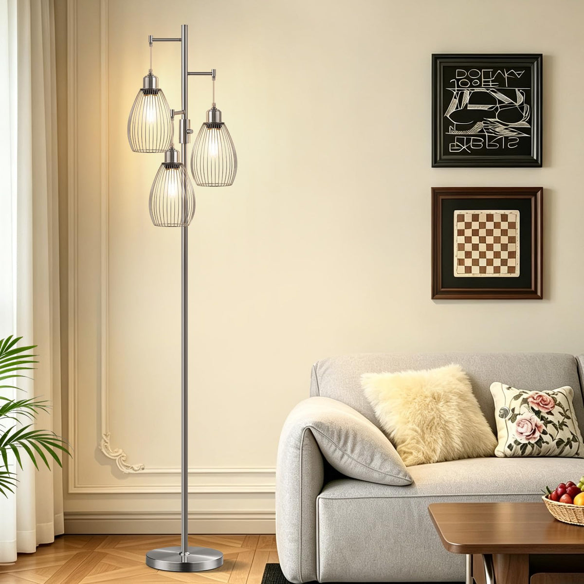 Dimmable Floor Lamp, 3 x 800LM LED Edison Bulbs Included, Industrial Floor Lamp Standing Tree Lamp with Elegant