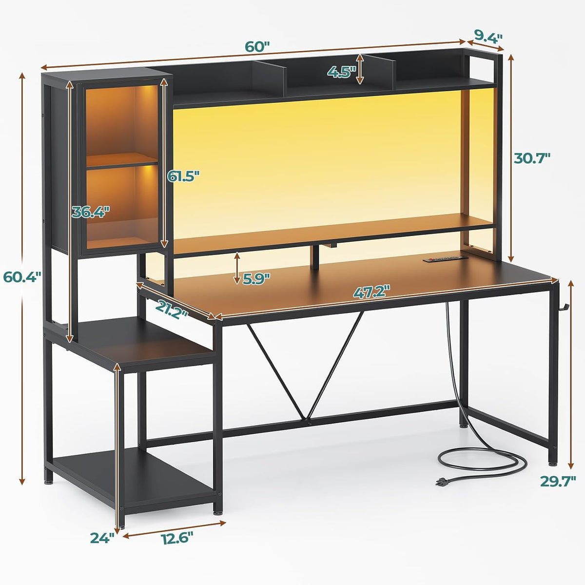 60'' Gaming Desk with Storage, Hutch, Display Cabinet and LED Lights | Computer Desk with Monitor Stand, Large PC