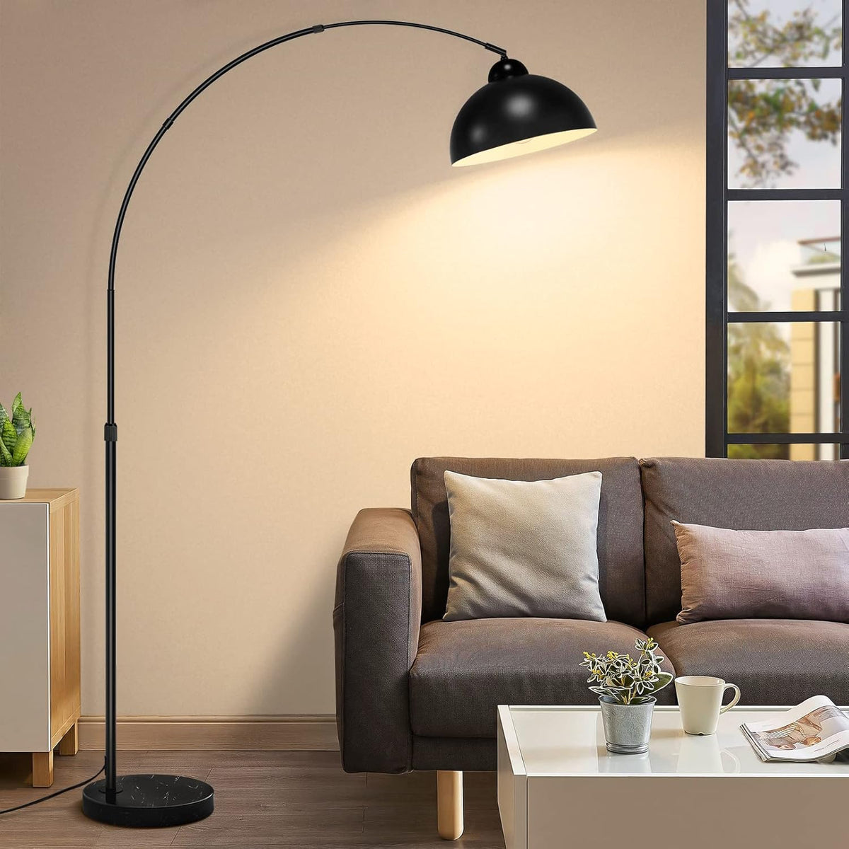 Modern Arc Floor Lamp with Metal Hanging Dome Shade, Industrial Adjustable Over the Couch Stand Up Light
