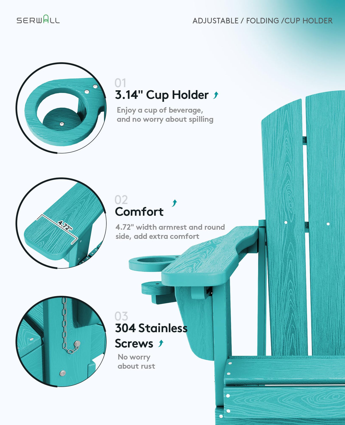 Folding Adjustable Adirondack Chairs Set of 2, Cup Holder, Aruba