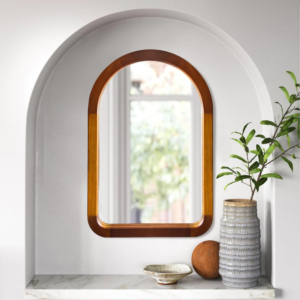 Arched Mirror 22 x 30 Inch, Brown Wood Rustic Bathroom Wall Walnut Mirror