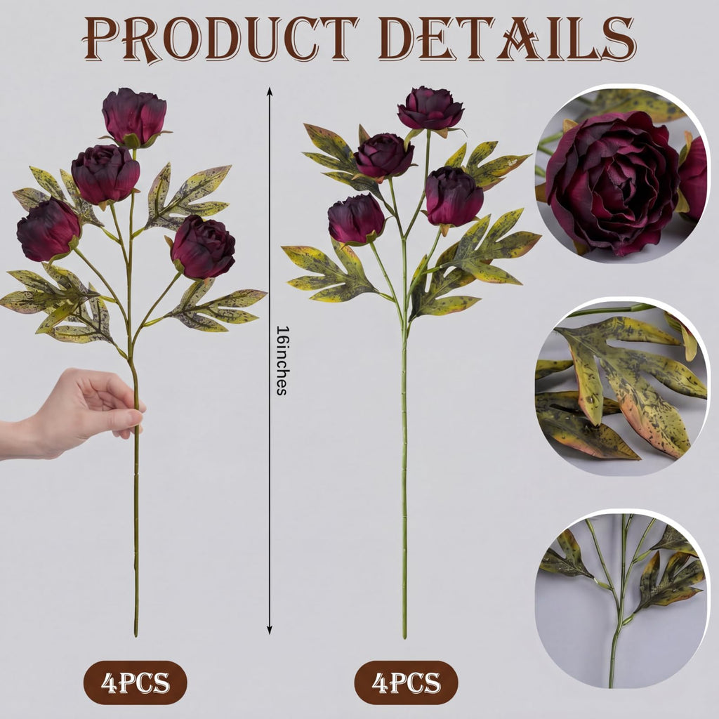 Faux Silk Peony Artificial Flowers Stem for Vase, 8 Pcs, Dark