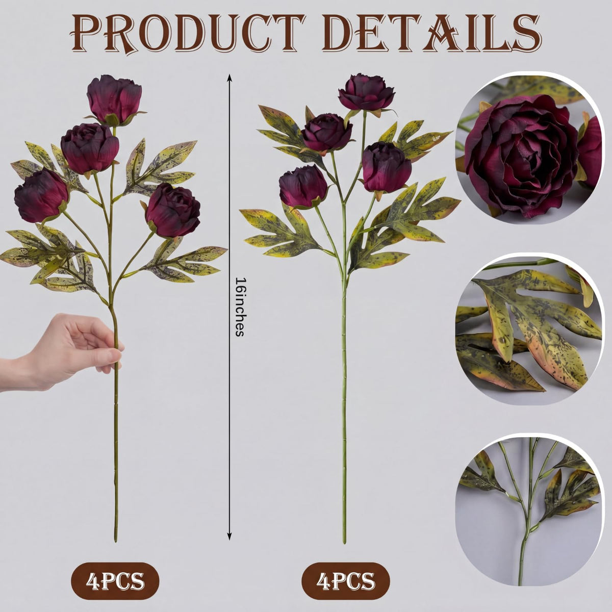 Faux Silk Peony Artificial Flowers Stem for Vase, 8 Pcs, Dark