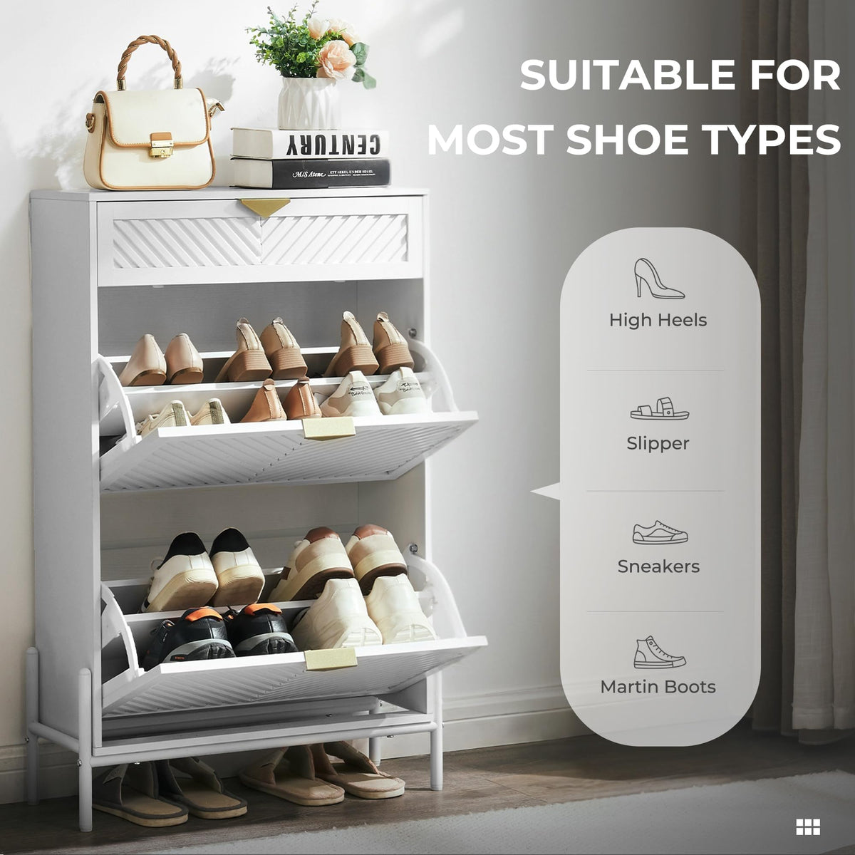 Shoe Cabinet with 2 Flip Drawers, Narrow Entryway Rack, White