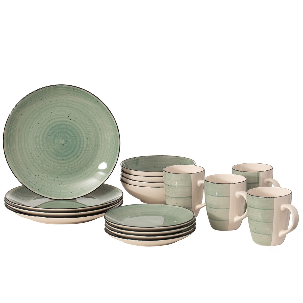 16 PC Spin Wash Dinnerware Dish Set for 4 Person | Mugs, Salad and Dinner Plates and Bowls Sets, Stylish Dishes with