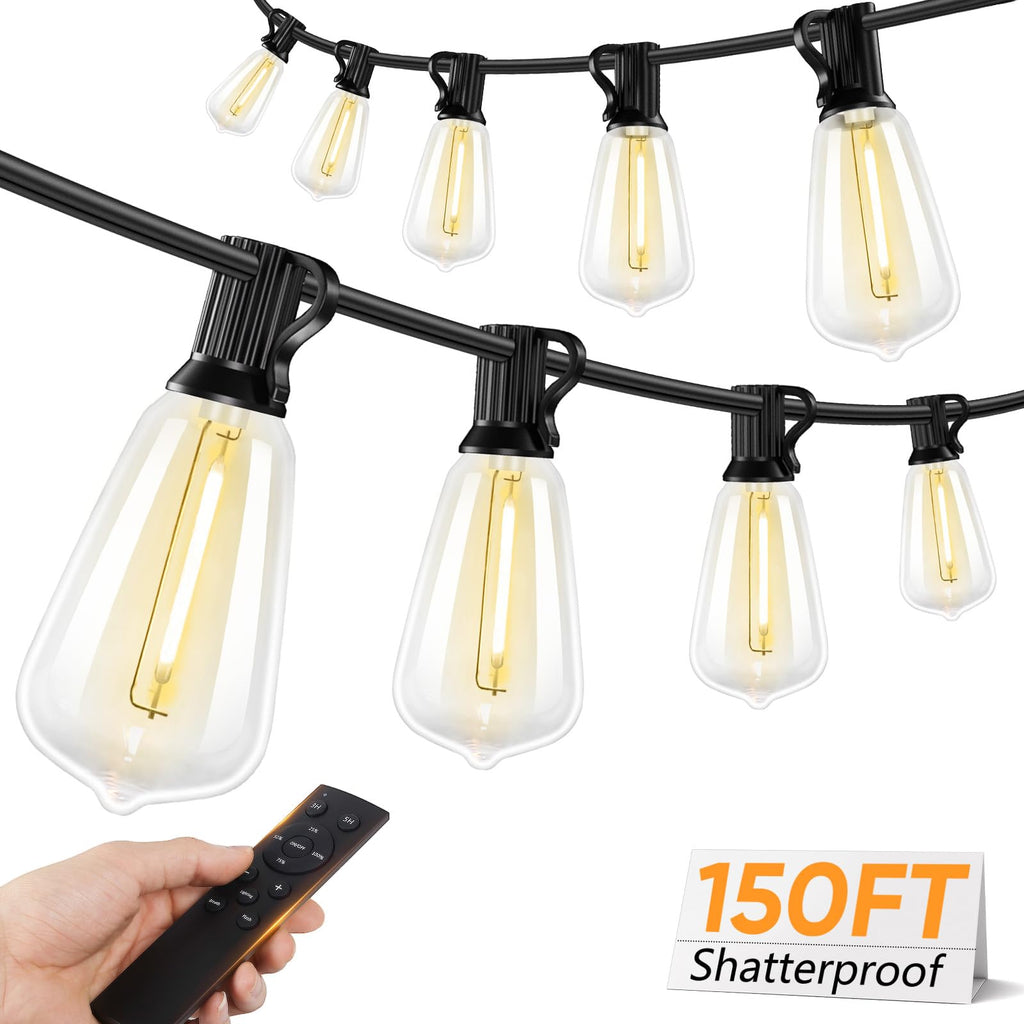 LED Outdoor String Lights, Dimmable Patio Lights with Remote Control, 45+2 Shatterproof ST38 Edison Bulbs, 3