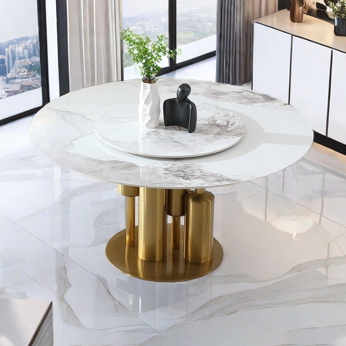 Marble Dining Table, 59" D Round Sintered Stone Tabletop with 31.5" D Removable Turntable, Luxurious Dining Room