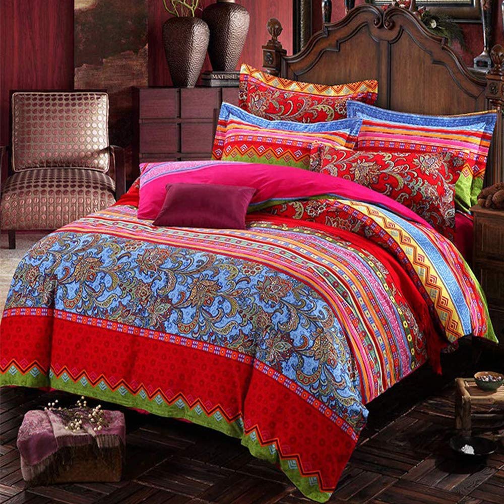 Bohemian Duvet Cover Set Colorful Red Boho Retro Bedding Set Damask Paisley Cotton Duvet Cover Tribal Reversible