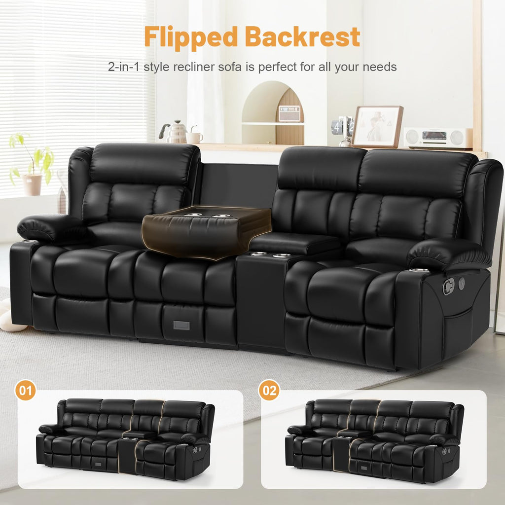 Recliner Sofa Set with Storage Console, Flip Middle Backrest Design 3 Seater Reclining Sofa and 2PC Single Recliner