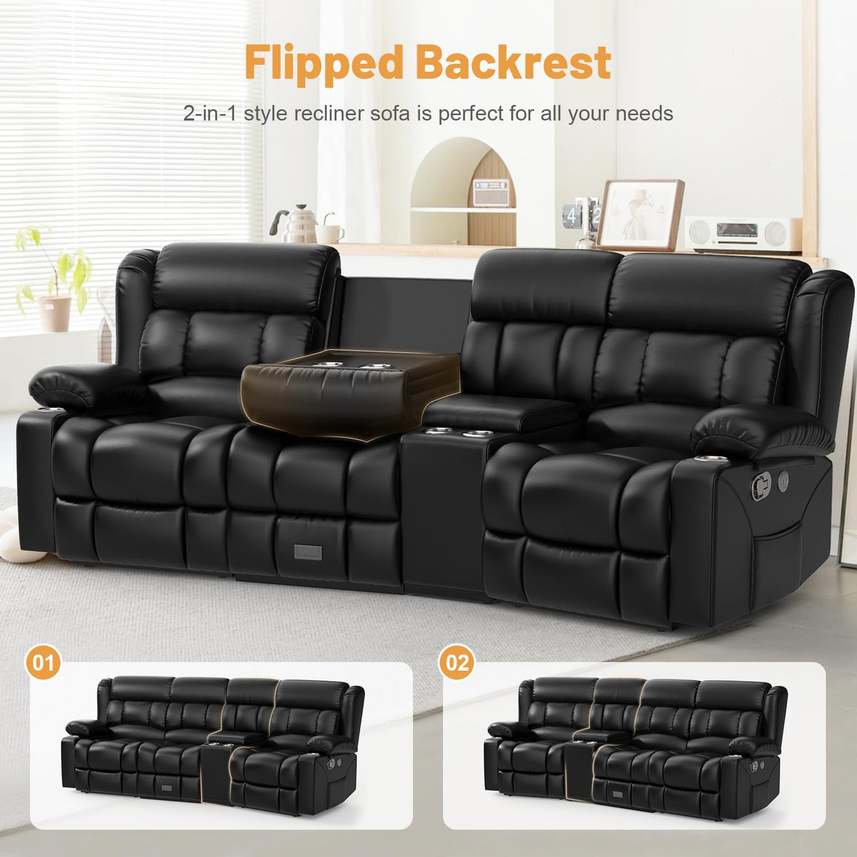 Recliner Sofa Set with Storage Console, Flip Middle Backrest Design 3 Seater Reclining Sofa and 2PC Single Recliner