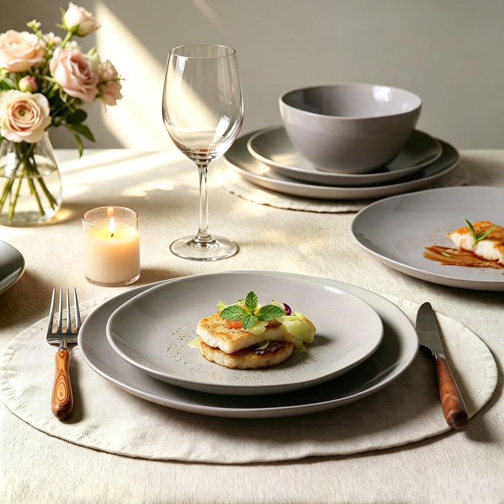Dinnerware Sets for 4, 12 Pieces Stoneware Plates and Bowls Sets, Dishwasher&Microwave Safe,Modern Minimalist