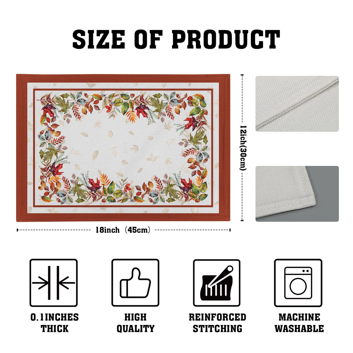 Fall Leaves Placemats Set of 4, Autumn Harvest Maple Leaves Farmhouse Tabletop Mat 12 x 18 Inch Washable Heat