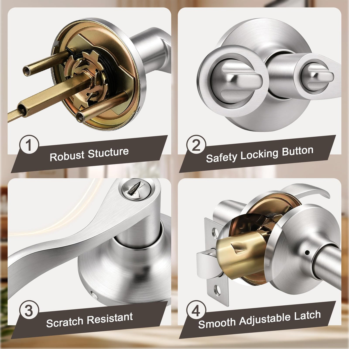 5 Pack Satin Nickel Privacy Door Lever, Modern Interior Door Knobs Locks, Heavy Duty Door Handle, Reversible Wave