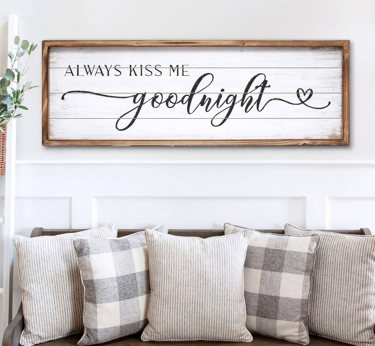 Large Above Bed Wall Decor Bedroom Sign Bedroom Decor with Solid Wood Frame for Couples, Always Kiss Me Goodnight