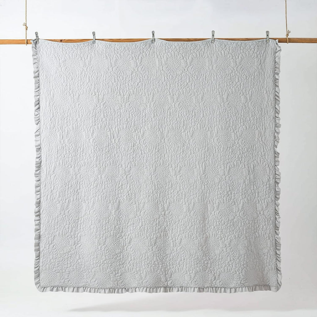 Dark Grey Farmhouse Quilt Set, Ruffled Stone-Washed Bedding