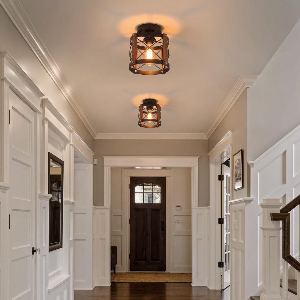 Farmhouse Wood Flush Mount Ceiling Light Fixture Oak Wood and Metal Round Cage Small Semi Flush Mount Ceiling Light