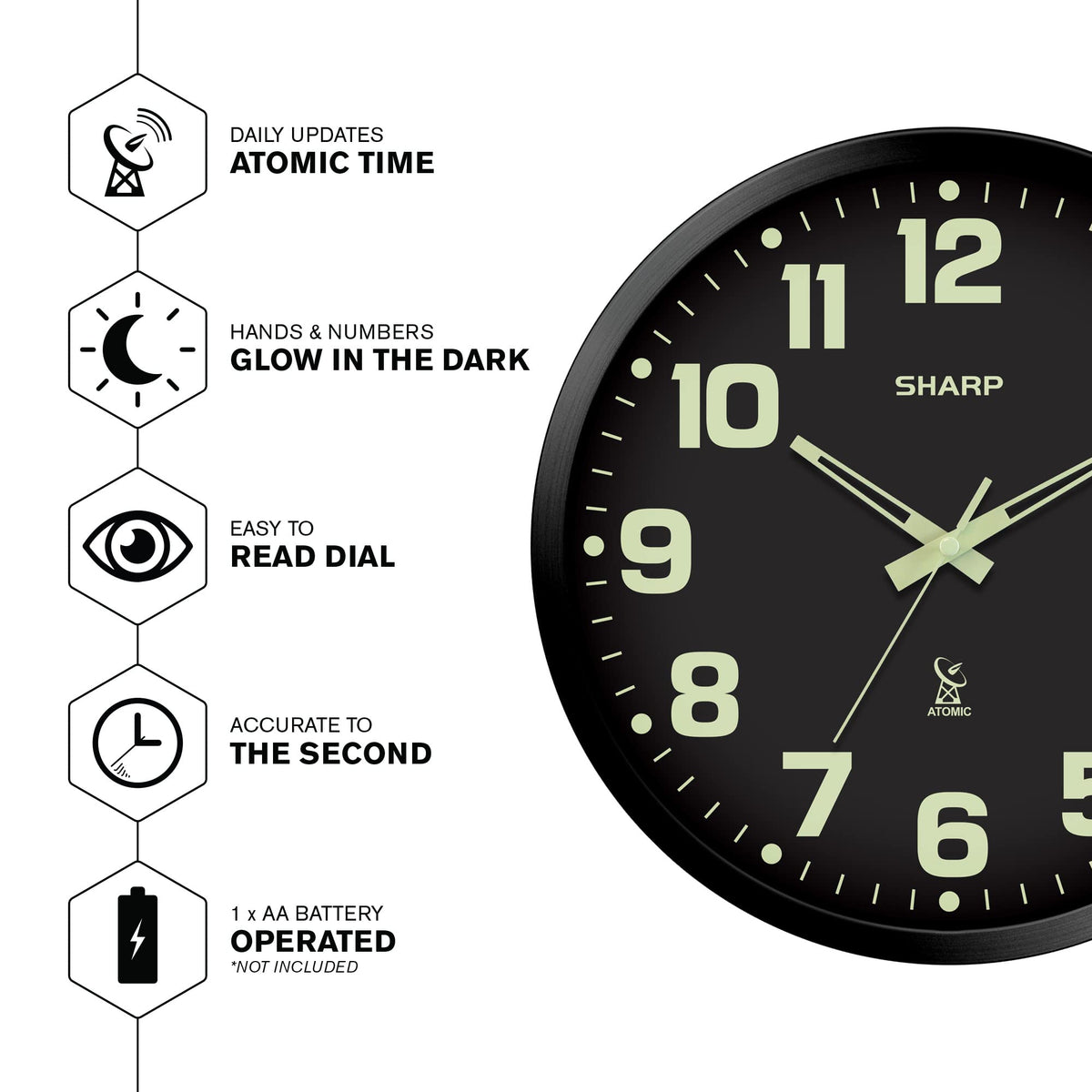 Inspired Nelson Style 12-Inch Atomic Wall Clock, Battery Operated, Glow in Dark