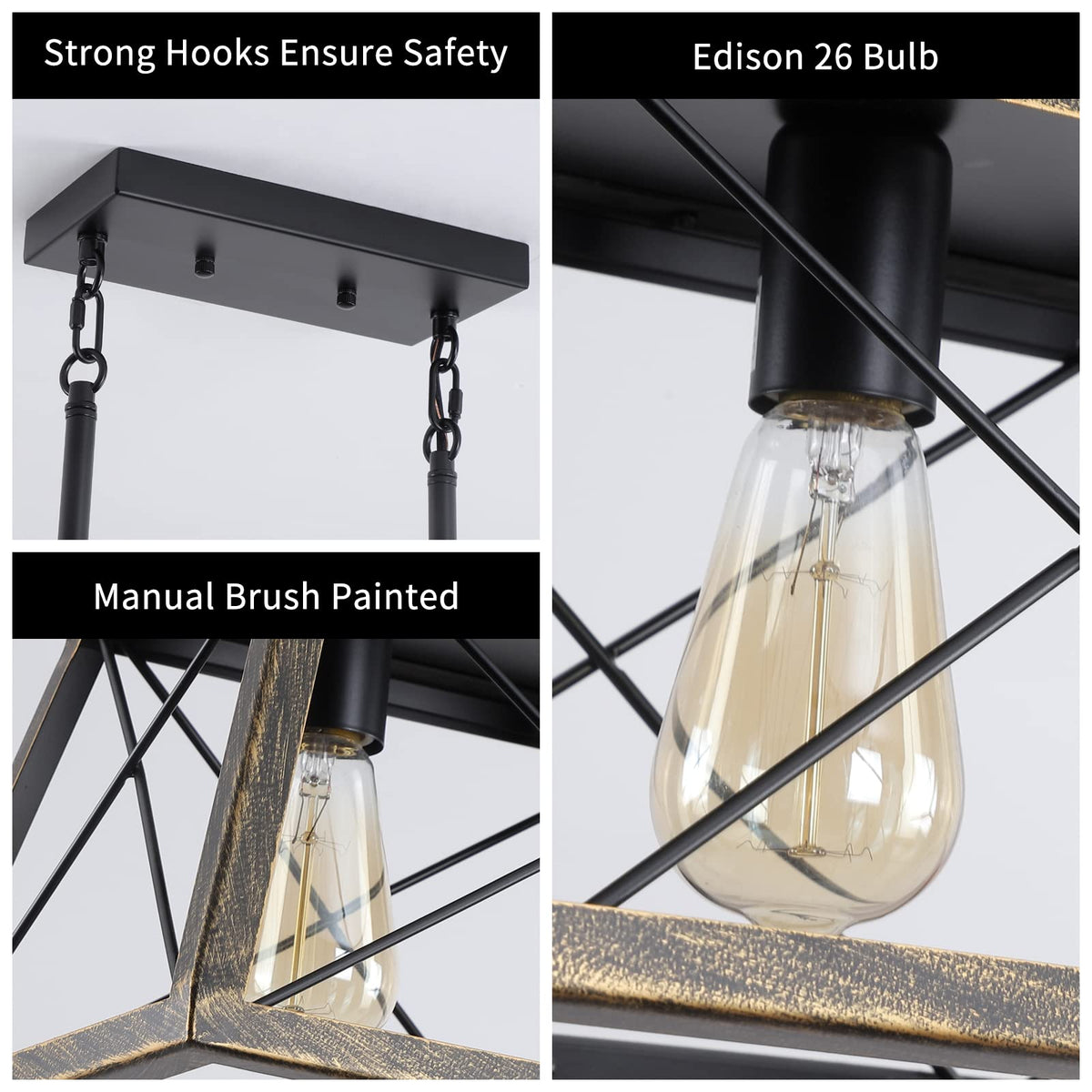 Farmhouse Chandeliers, Rustic Kitchen Island Light Fixture, 5-Light Linear Pendant Lighting Rectangular Chandelier