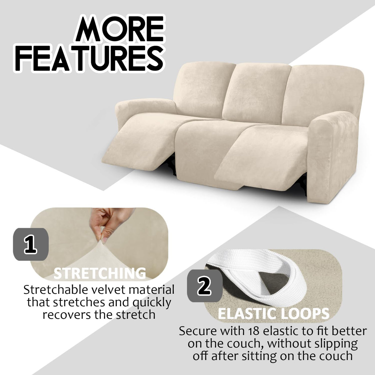 Velvet 8-Pieces Recliner Sofa Covers Stretch Reclining Couch Covers for 3 Cushion Reclining Sofa Slipcovers Furniture