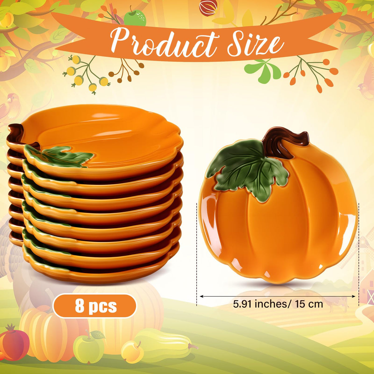 8 Pcs 5.91'' Ceramic Pumpkin Plates Fall Appetizer Dishes, Orange