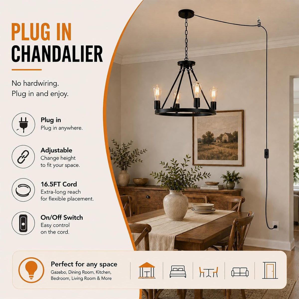 4-Light Black Wagon Wheel Chandelier