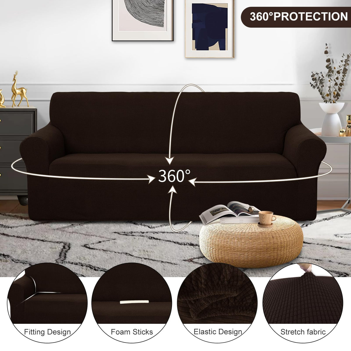 Stretch Couch Cover Slipcover for 3 Cushion Sofa, Chocolate
