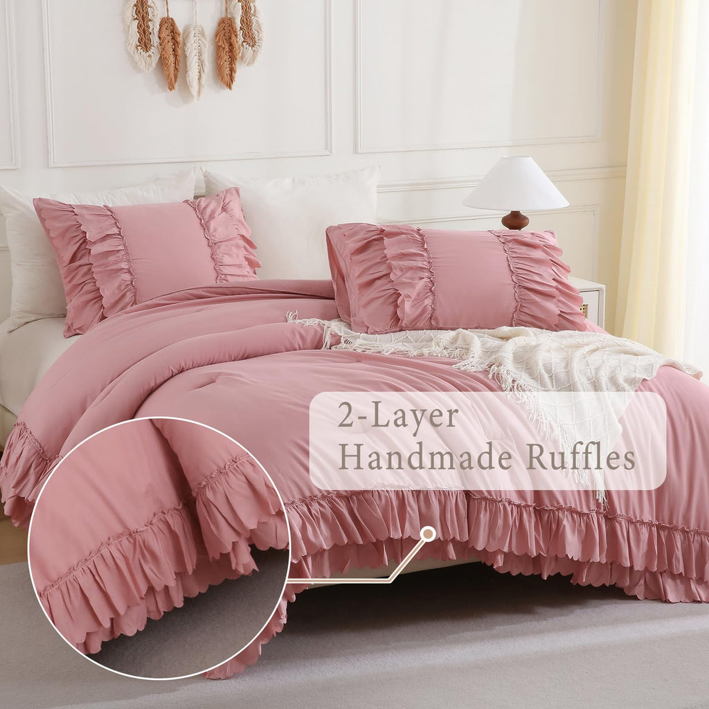 Bean Pink Ruffled Comforter Set Queen Size, 3-Piece Soft Microfiber Shabby Chic Bedding Set with Double Layer Ruffle