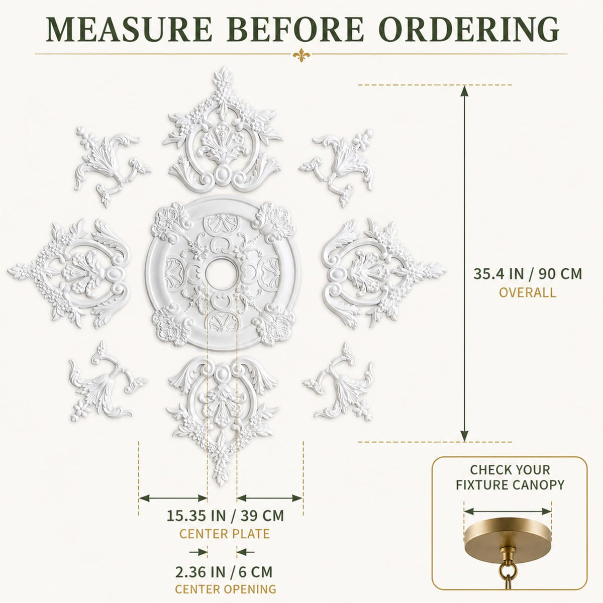 35.4 Inch Large PU Ceiling Medallion, French Victorian Decorative, White