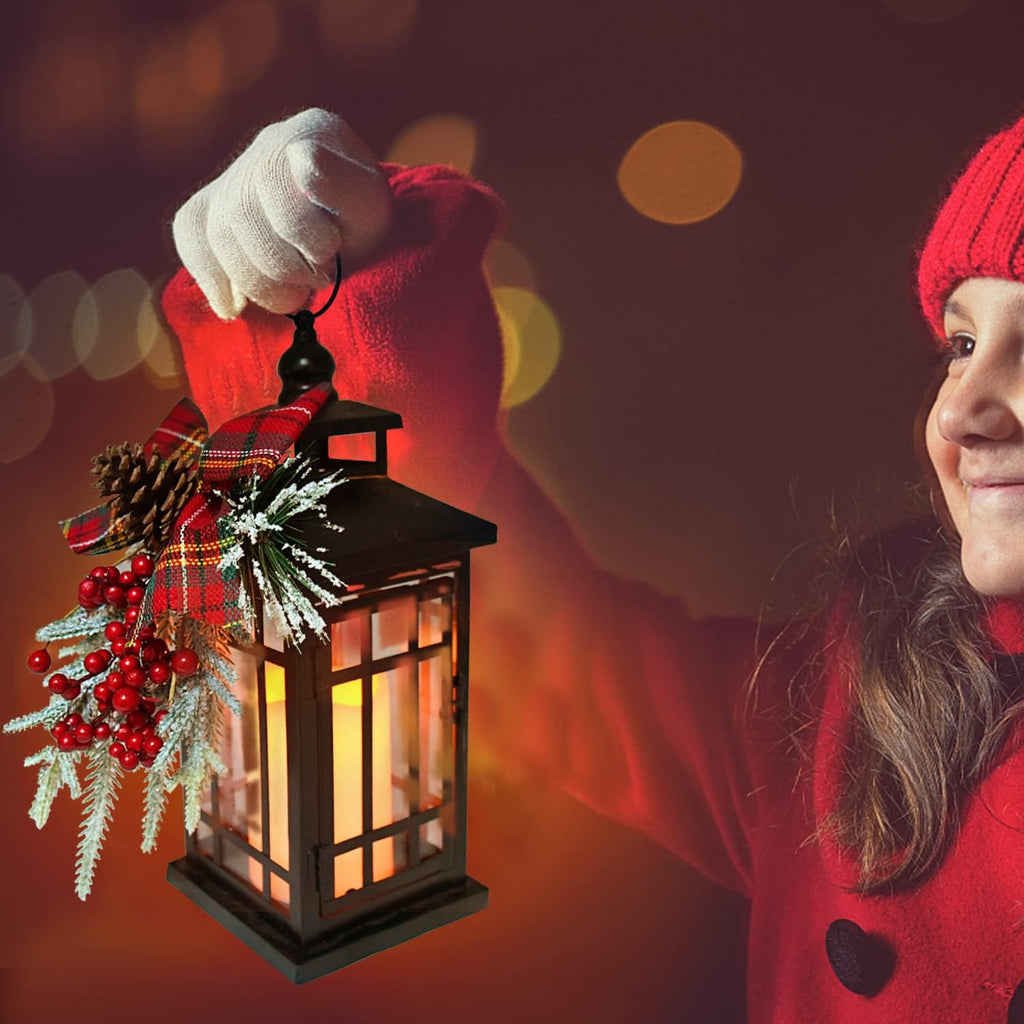 14 Inch Black Christmas Lantern with LED Flickering Flameless Candle