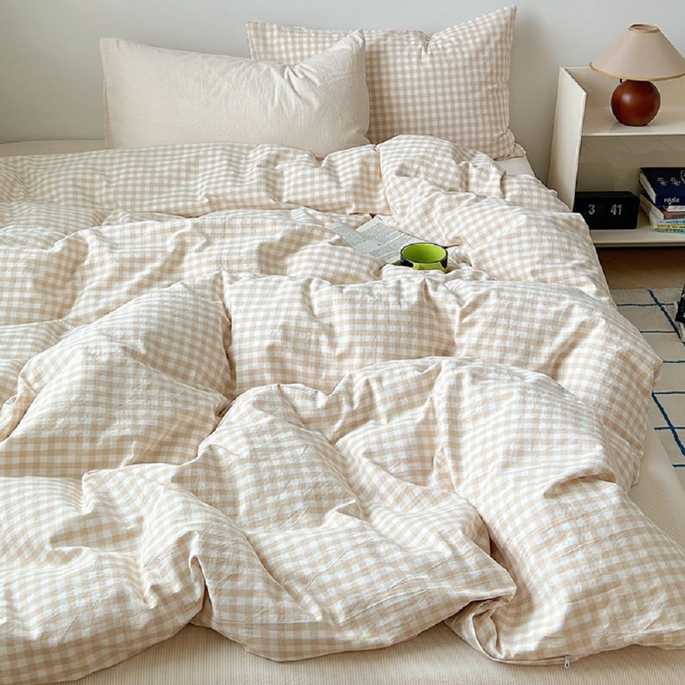 Gingham Duvet Cover Set Beige Plaid Checkered Bedding