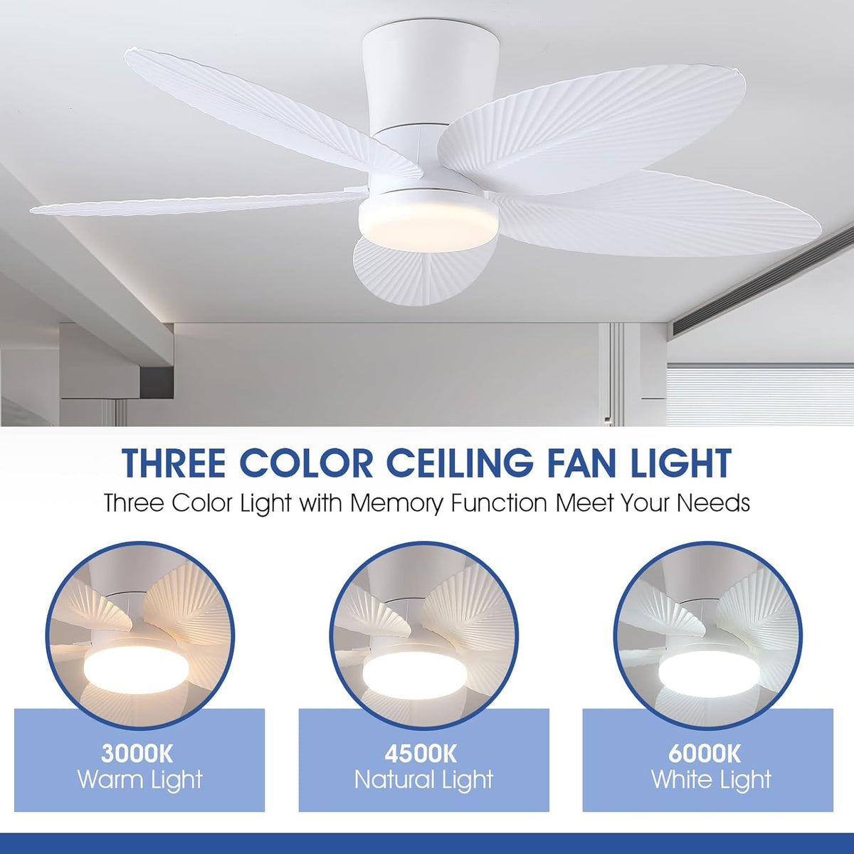 Palm Leaf Ceiling Fans with Lights-42 Tropical Ceiling Fan with Light and Remote/APP Control,Flush Mount Low Profile White Ceiling Fans for Bedroom,Indoor/Outdoor Patio Use