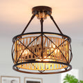 3-Light Hand Woven Boho Ceiling Light, Farmhouse Industrial Dual Round Semi Flush Mount Chandelier, Black Gold Rattan