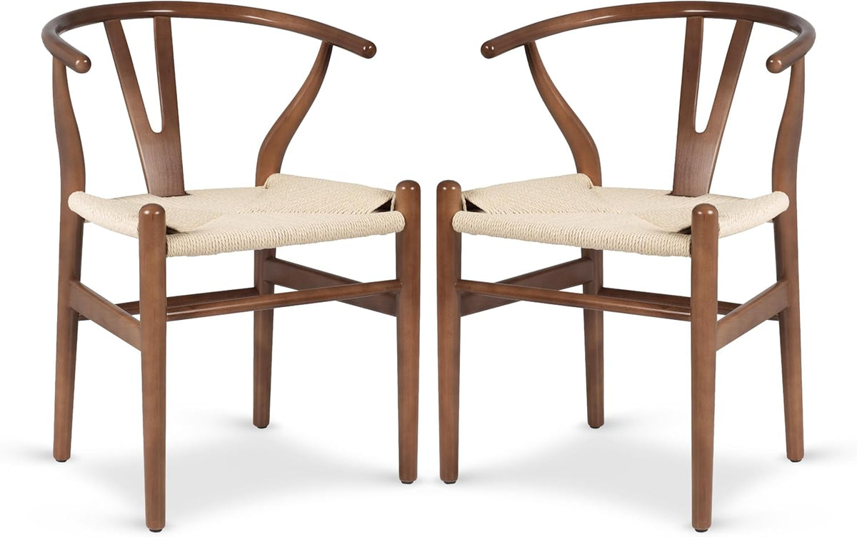 Weave Dining Chairs - Mid-Century Modern Wishbone Dining Chairs with Arms, Solid Wood Frame, Indoor Use - Walnut- Set