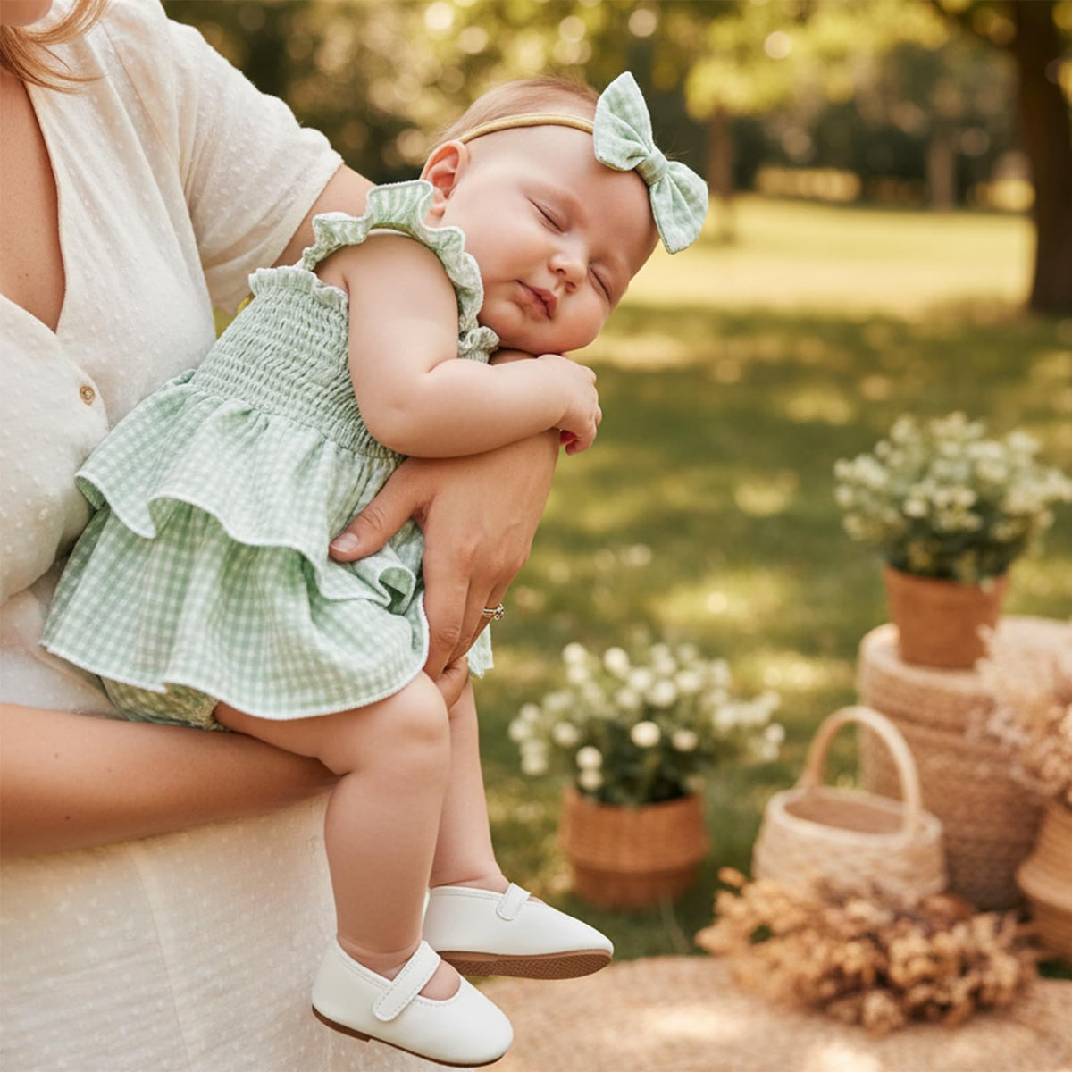 Baby Girl Plaid Romper Flying Sleeve Ruffle Baby Dress Romper Infant Girl Summer Clothes with Headband