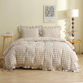 Tan Gingham Plaid Ruffle 3-Piece Duvet Cover Set
