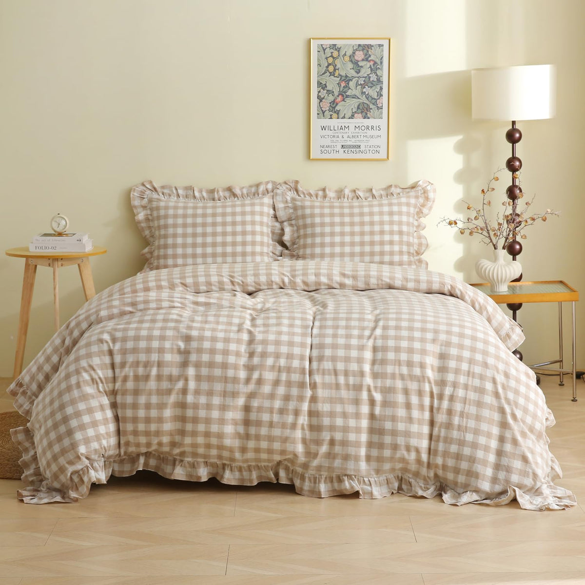 Tan Gingham Plaid Ruffle 3-Piece Duvet Cover Set
