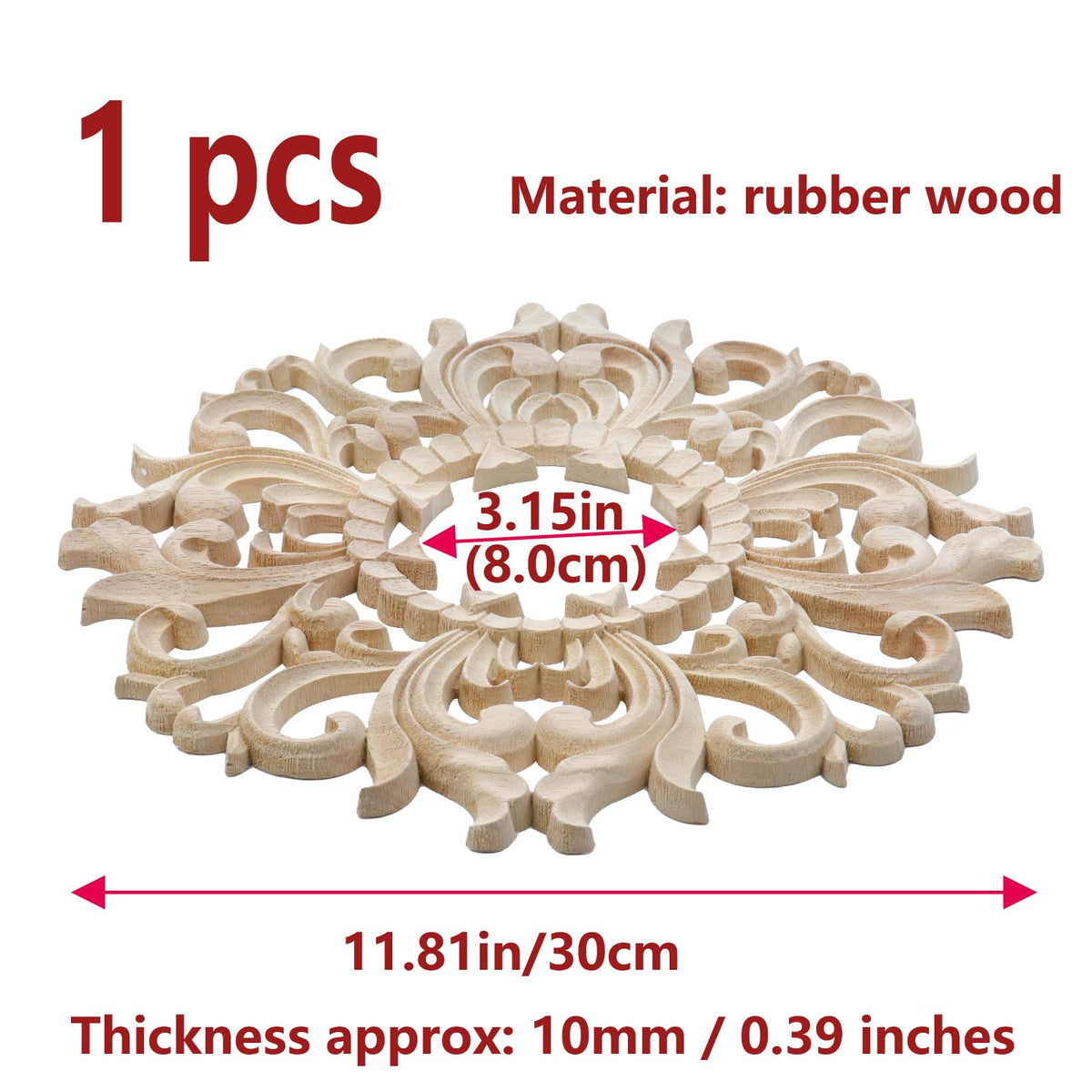 1PCS Ceiling Medallion 11.81"ODx3.15"ID Rubber Wood,Style 8