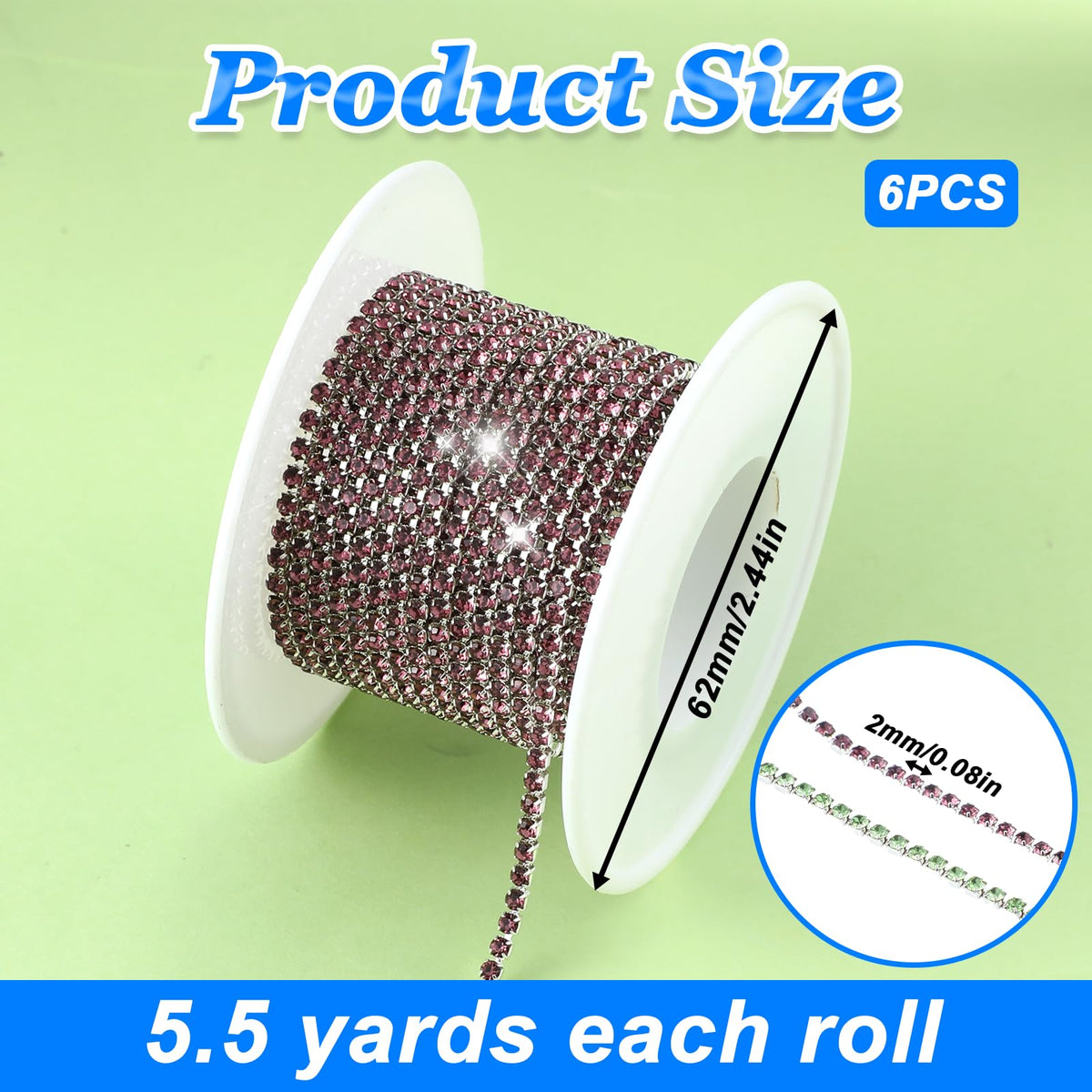 Crystal Rhinestone Chain, 6 Rolls 33 Yards Crystal Rhinestone Chain Trim for Crafts, 2 Mm Sew on Beaded Trim
