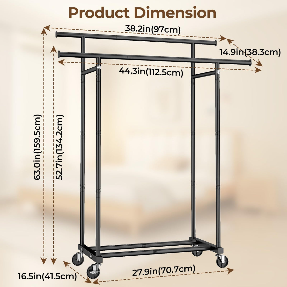 Double Rods Clothes Rack, Rolling Clothing Rack for Hanging Clothes Portable Wardrobe, Metal Garment Rack Sturdy Coat