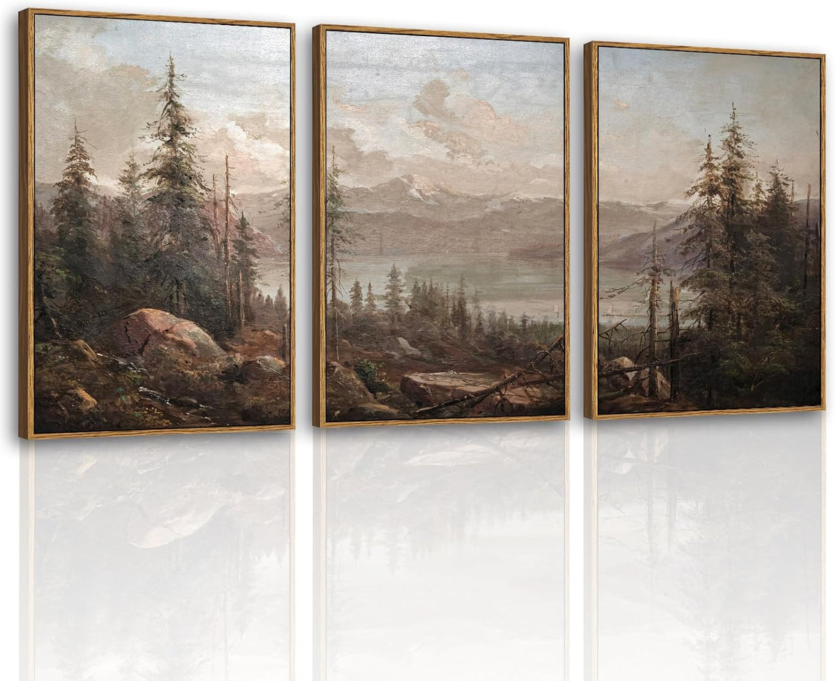 Large Framed Canvas Wall Art, 3 Pcs, Living Room Vintage Landscape Decor, Nature Wall Art Bedroom Above Bed Decor